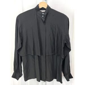 REGINA PORTER Vintage Sz 6 Black Tiered Silk Blouse Button Up Raglan Long Sleeve